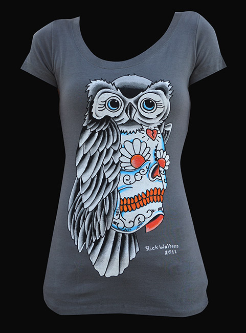 Womens Owl Sugar Skull Scoop Neck Tee